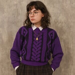 Vintage 80s Justin Allen Purple‎ Cable Knit Sweater M Made in USA Acrylic Retro
